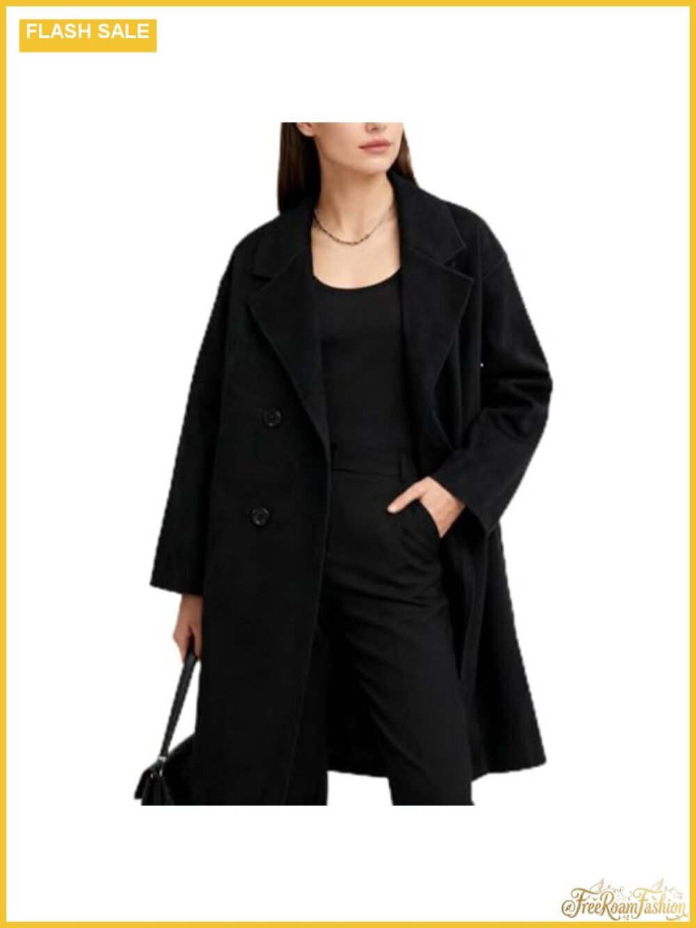 Long Wool Pea Coat Double Breasted Notched Lapel Winter Overcoat Women